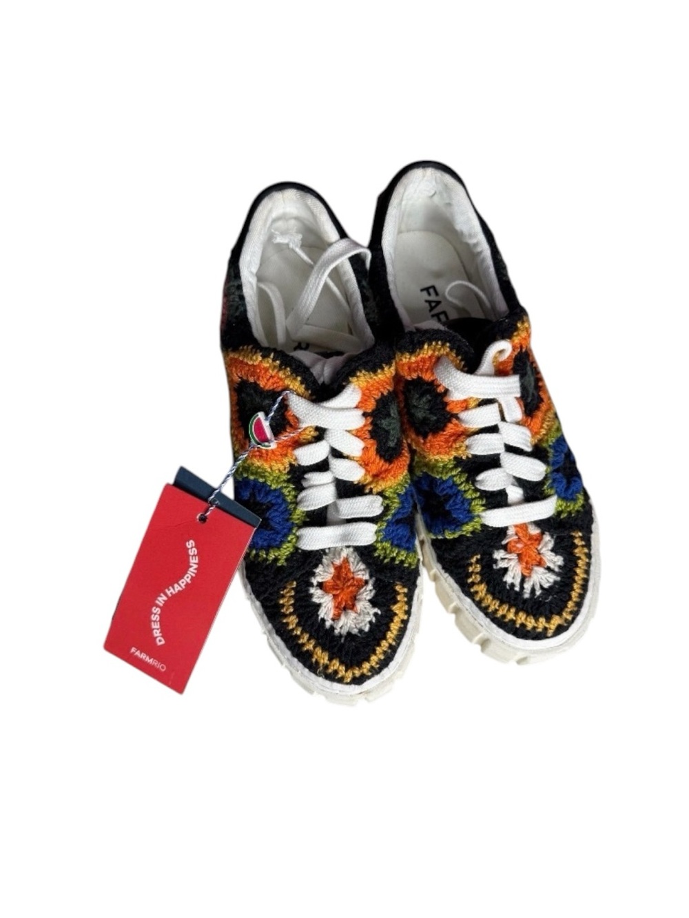 Farm Rio Black Artisanal Flower Flatform Sneakers Crochet Floral Shoes Sz 6 NWT